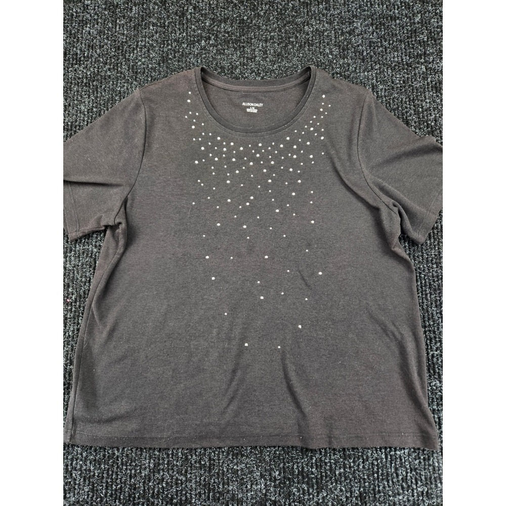 Allison Daley Womens Gray Rhinestone Embellished Short Sleeve Knit Top‎ Large